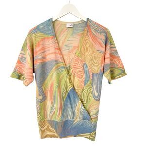 TSE Cashmere Surplice Knit Short Sleeve Deep V Neckline Top Blouse Artsy Small